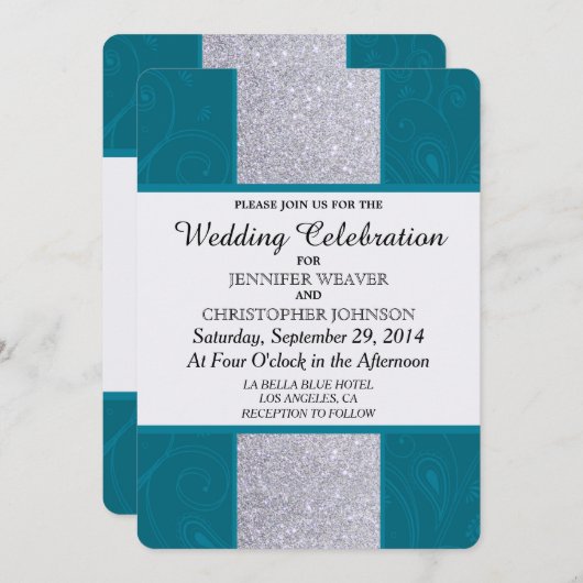 シルバーグリッターとアクアティール(緑がかった色)と渦巻形のデザイン 招待状 (正面/裏面)