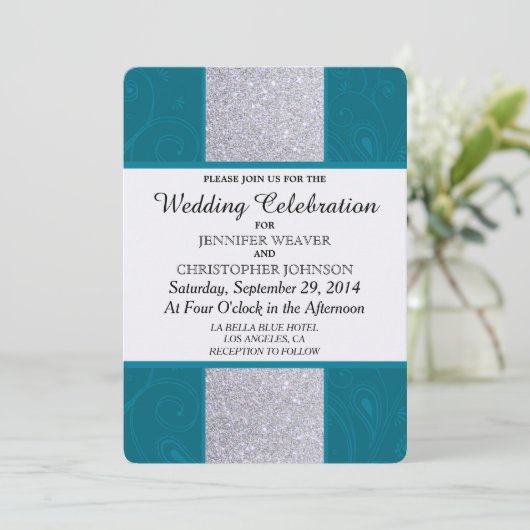 シルバーグリッターとアクアティール(緑がかった色)と渦巻形のデザイン 招待状 (スタンド正面)