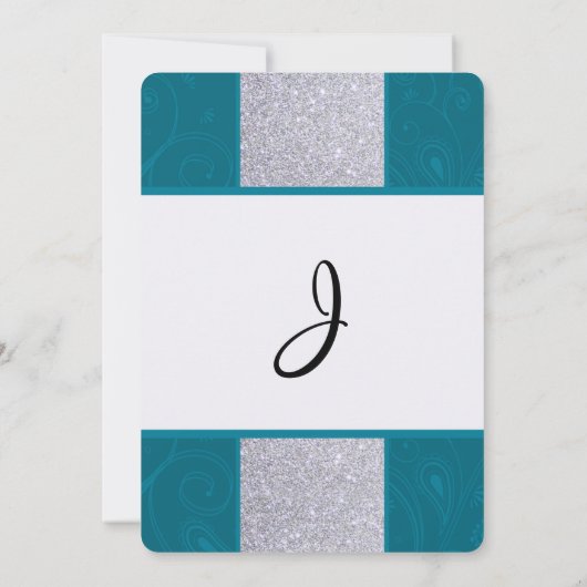 シルバーグリッターとアクアティール(緑がかった色)と渦巻形のデザイン 招待状 (裏面)