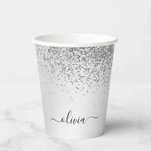 シルバーグリッターとスパークルモノグラム紙カップ 紙コップ (正面)