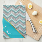 シルバーグリッターとティール（緑がかった色）ジグザグ キッチンタオル (四つ折り)