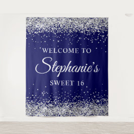 シルバーグリッターとネイビーブルーへようこそSweet 16 タペストリー