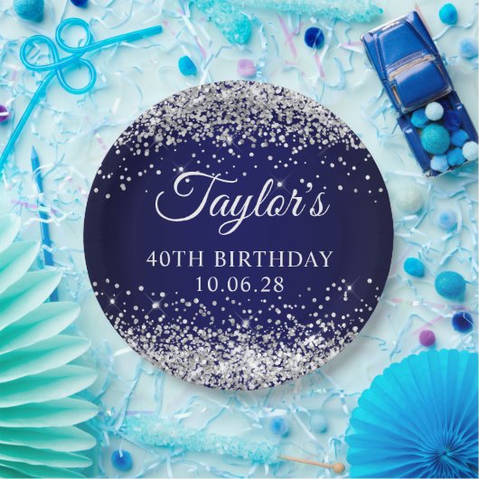 シルバーグリッターとネイビーブルー40歳の誕生日 ペーパープレート (パーティー)