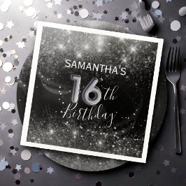 シルバーグリッターとブラックの16歳の誕生日 スタンダードカクテルナプキン