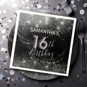 シルバーグリッターとブラックの16歳の誕生日 スタンダードカクテルナプキン