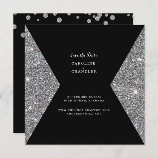 シルバーグリッターとブラックフォト結婚ズ セーブザデート (正面/裏面)