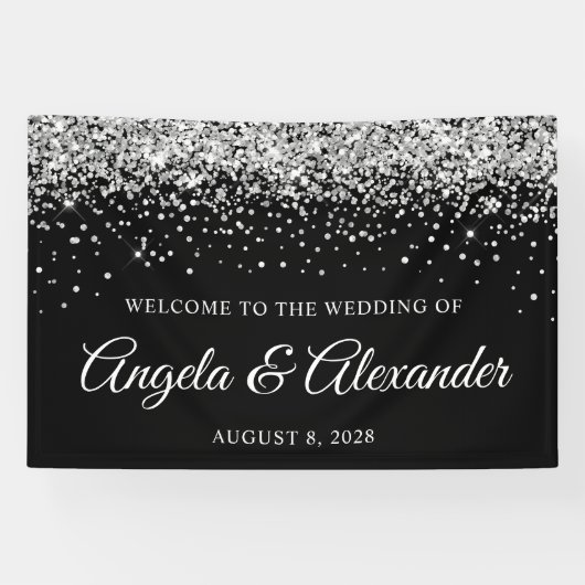 シルバーグリッターとブラック結婚ズ・ウェルカム 横断幕 (横)