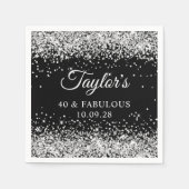 シルバーグリッターとブラック40 & Fabulous スタンダードカクテルナプキン (正面)