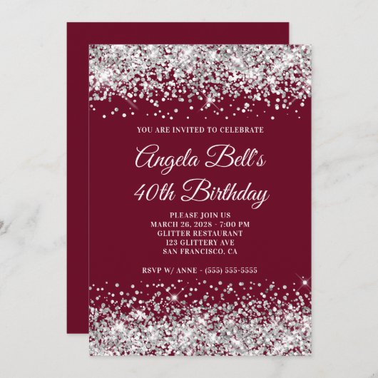 シルバーグリッターとブルゴーニュ40歳の誕生日 招待状 (正面/裏面)