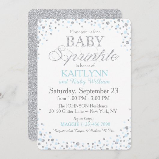 シルバーグリッターとブルースプリンクルベビーシャワー 招待状 (正面/裏面)