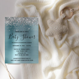 シルバーグリッターとブルーフォイル赤ちゃんシャワー 招待状