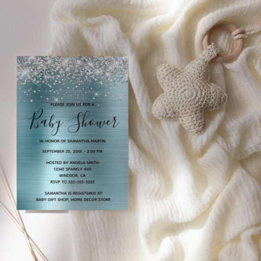 シルバーグリッターとブルーフォイル赤ちゃんシャワー 招待状