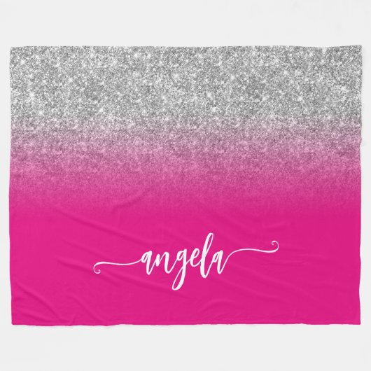 シルバーグリッターとホットピンクグラデーションパーソナライズされた色 フリースブランケット (正面(横))