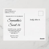 シルバーグリッターとホットピンクグラムスウィート16 箔招待状ポストカード (裏面)