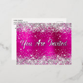 シルバーグリッターとホットピンクグラム50誕生日 箔招待状ポストカード (正面/裏面)