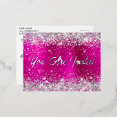 シルバーグリッターとホットピンクグラム60誕生日 箔招待状ポストカード (正面/裏面)