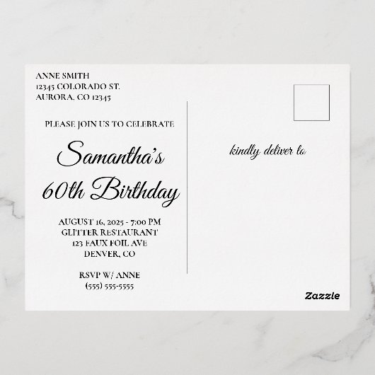 シルバーグリッターとホットピンクグラム60誕生日 箔招待状ポストカード (裏面)