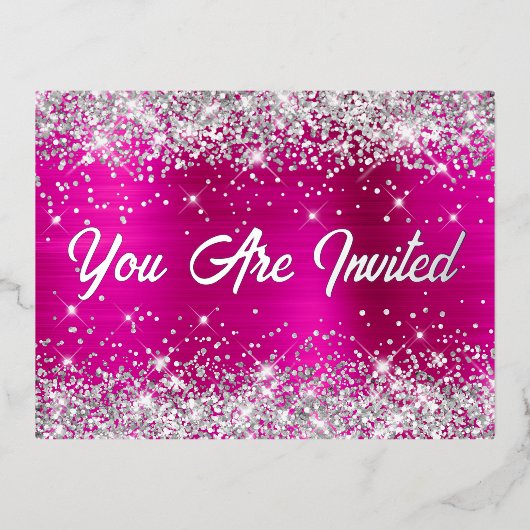 シルバーグリッターとホットピンクグラム60誕生日 箔招待状ポストカード (正面)