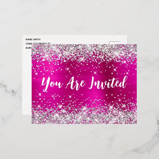 シルバーグリッターとホットピンクグラム70誕生日 箔招待状ポストカード (正面/裏面)