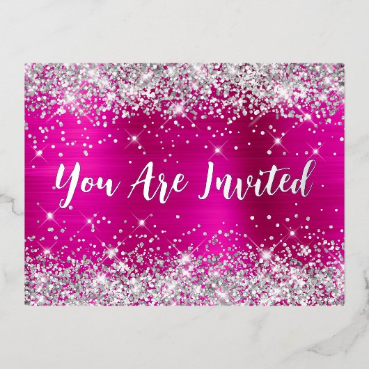 シルバーグリッターとホットピンクグラム70誕生日 箔招待状ポストカード (正面)