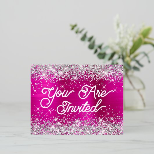 シルバーグリッターとホットピンクグラム80誕生日 箔招待状ポストカード (立ち正面)