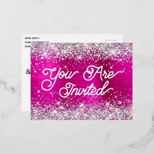 シルバーグリッターとホットピンクグラム80誕生日 箔招待状ポストカード (正面/裏面)