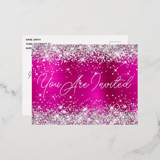 シルバーグリッターとホットピンクグラム90誕生日 箔招待状ポストカード (正面/裏面)