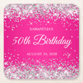 シルバーグリッターとホットピンク50誕生日 スクエアペーパーコースター (正面)