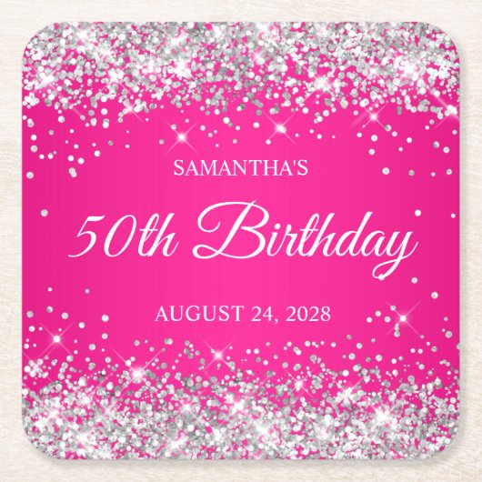 シルバーグリッターとホットピンク50誕生日 スクエアペーパーコースター (正面)