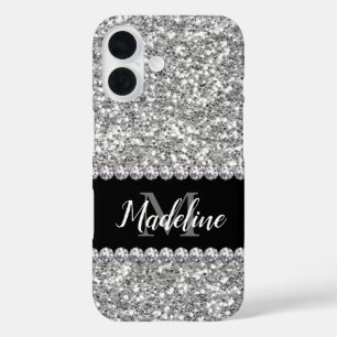 シルバーグリッターと宝石(名前とモノグラム) iPhone 16ケース