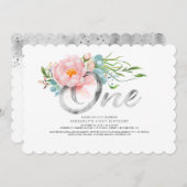 シルバーグリッターと赤面ピンクの花1日目の誕生日 招待状 (正面/裏面)