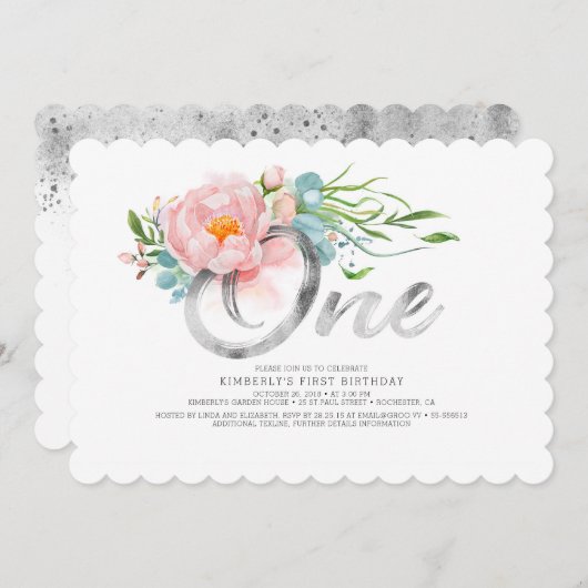 シルバーグリッターと赤面ピンクの花1日目の誕生日 招待状 (正面/裏面)