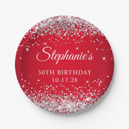 シルバーグリッターと赤30歳の誕生日 ペーパープレート (正面)