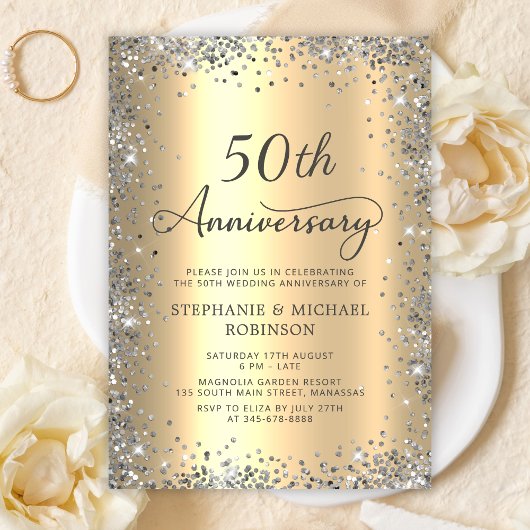 シルバーグリッターと金ゴールド結婚50周年 招待状