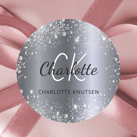 シルバーグリッターのイニシャル名前 ラウンドシール