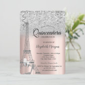 シルバーグリッターのエッフェル塔、 ローズゴールドのガラス 招待状 (スタンド正面)