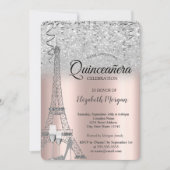 シルバーグリッターのエッフェル塔、 ローズゴールドのガラス 招待状 (正面)