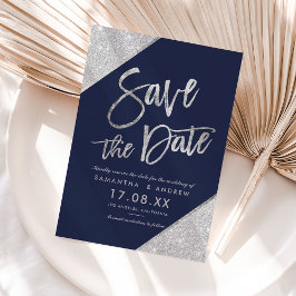 シルバーグリッターのスクリプトネイビーブルーの「Save the Date」 案内ポストカード