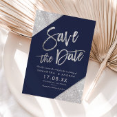 シルバーグリッターのスクリプトネイビーブルーのSave the Date 案内ポストカード