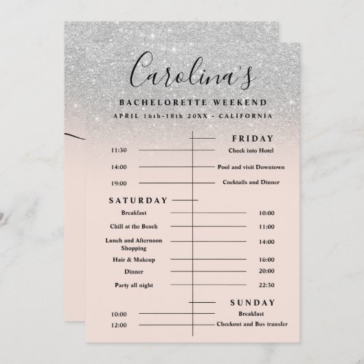 シルバーグリッターのタイムラインバチェロレッテ週末 招待状 (正面/裏面)