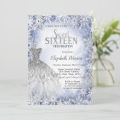 シルバーグリッターのドレス 青い雪の結晶が可愛い スイート16 招待状 (スタンド正面)