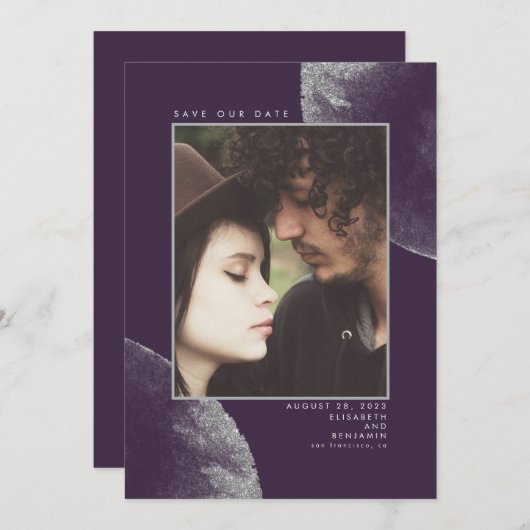 シルバーグリッターのナスパープルが日付の写真を救う セーブザデート (正面/裏面)