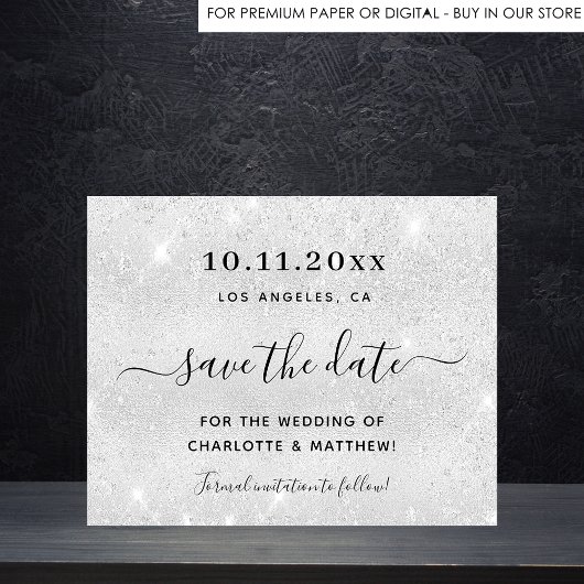シルバーグリッターの予算で結婚式のSave the Date チラシ