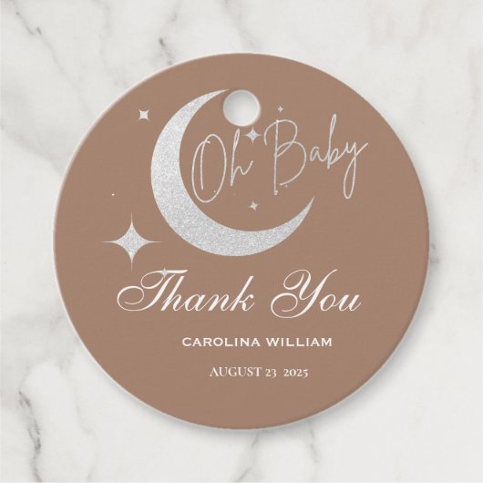 シルバーグリッターの月と星ああ赤ちゃんシャワー フェイバータグ (正面)
