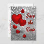 シルバーグリッターの赤いハート – 日付カードの保存 案内ポストカード (正面/裏面)