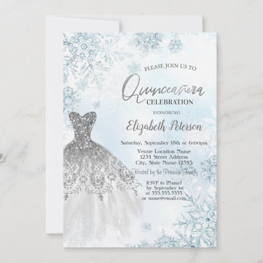 シルバーグリッターの雪の結晶ドレス 招待状 (正面)