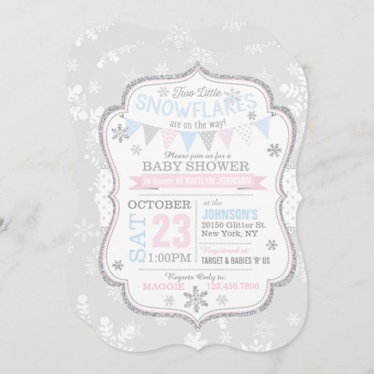 シルバーグリッターの雪片双子のベビーシャワー 招待状 (正面/裏面)