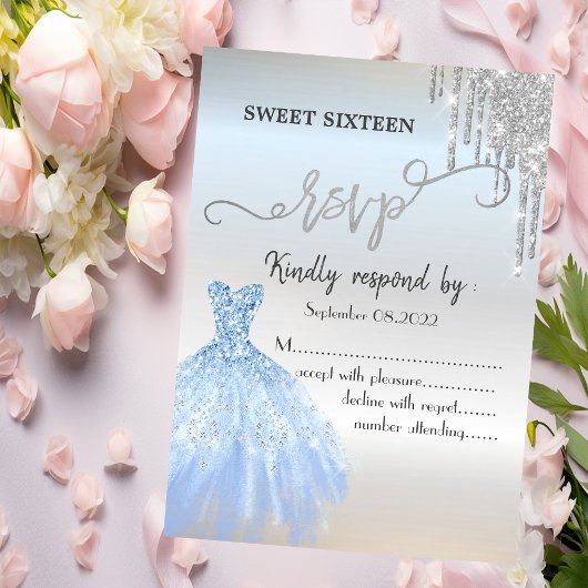 シルバーグリッターの雫とブルーのドレス Sweet 16 RSVP 招待状