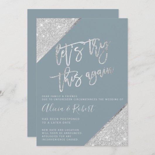 シルバーグリッターの青が日付を変更し、再試行 セーブザデート (正面/裏面)