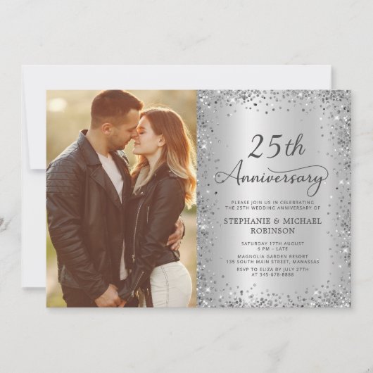シルバーグリッターの25周年記念結婚式フォトアイテム 招待状 (正面)